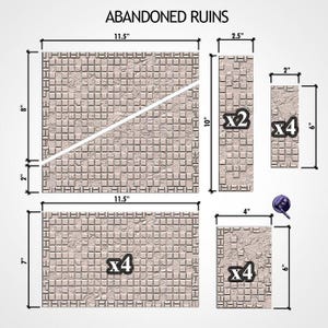 Op de afbeelding: Een set beige Abandoned Ruins terreintegels met een rasterpatroon, bestaande uit diverse rechthoekige en vierkante stukken. De afmetingen staan in inches aangegeven, waaronder een stuk van 11,5 bij 10 inch en kleinere tegels van 2 bij 6 inch.