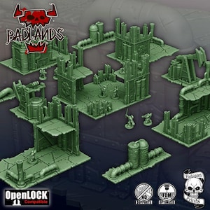 Peut inclure: Un ensemble de pièces de terrain miniatures imprimées en 3D vert clair pour jeux de plateau, comprenant des ruines industrielles, des tuyaux et des réservoirs. Le lot inclut des sections de bâtiments modulaires et des figurines de soldats.