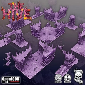 May include: A collection of purple 3D printed miniature terrain pieces for tabletop gaming, featuring organic, spiked structures and textured floor tiles. The set includes the text THE HIVE, OpenLOCK Compatible, and Forbidden Prints logos.