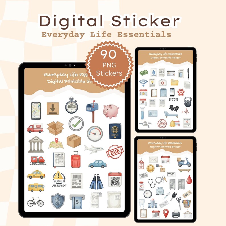 May include: Digital sticker set featuring everyday life essentials. The image shows three tablets displaying various digital stickers, including icons for travel, finance, and daily tasks. The set includes 90 PNG stickers.
