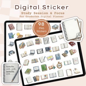 Digitala klistermärken för fokus på studiesessioner i PNG-format, ikoner för studieplanering, utskrivbara A4-ark, GoodNotes-klistermärken
