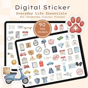 Könnte beinhalten: Digitales Sticker-Set für digitale Planer mit 90 PNG-Stickern. Enthält Symbole wie einen Briefkasten, ein Sparschwein, einen Kalender und einen Roller. Der Text lautet "Everyday Life Essentials" und "For Goodnotes, Digital Planner."