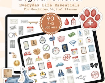 Adesivi digitali PNG essenziali per la vita quotidiana, 90 icone per planner, fogli stampabili A4, adesivi GoodNotes