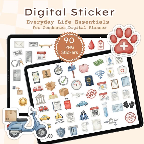 Everyday Life Essentials PNG Digital Stickers , 90 Planner Icons, A4 Printable Sheets, GoodNotes Stickers