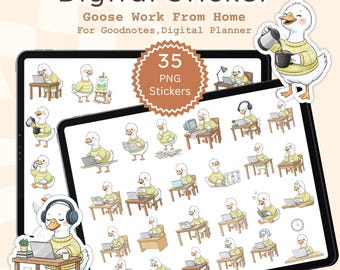 Adesivi digitali Goose per lavorare da casa, PNG Goose Office, icone dell'agenda, foglio di adesivi A4 stampabili per GoodNotes