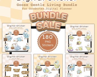 Pacchetto Goose Gentle Living con adesivi digitali PNG, icone per planner Cozy, fogli stampabili A4, adesivi GoodNotes