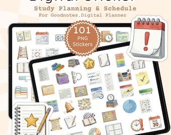Adesivi digitali PNG per la pianificazione dello studio, icone del planner, fogli stampabili A4, adesivi GoodNotes
