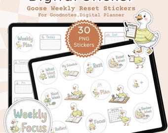 Adesivi digitali PNG Goose Weekly Reset, icone neutre per planner, fogli stampabili A4, adesivi GoodNotes