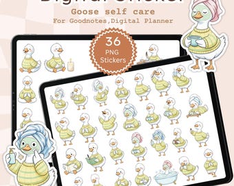 Adesivi digitali Goose Self Care, PNG benessere, adesivi per planner relax, foglio di adesivi A4 stampabili per GoodNotes