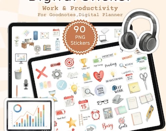 Work Productivity PNG Digital Stickers , Planner Icons, A4 Printable Sheets , GoodNotes Stickers