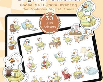 Adesivi digitali PNG per la serata Goose Self Care, icone Cozy Planner, fogli stampabili A4, adesivi GoodNotes