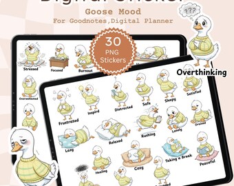 Adesivi digitali Goose Mood, Emozioni PNG, Adesivi per planner accoglienti, Foglio A4 stampabile per GoodNotes e planner