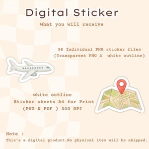 May include: Digital sticker set with a white airplane and map graphic. The text reads "Digital Sticker" and "What you will receive". Includes 90 PNG sticker files, A4 sticker sheets for print, and a note about the digital product.