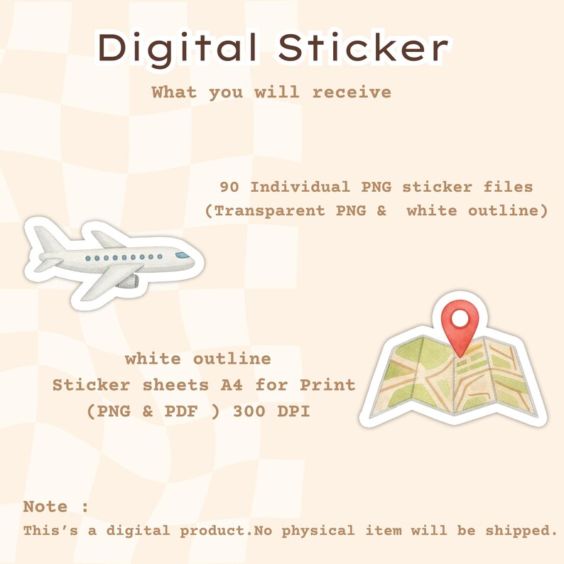 May include: Digital sticker set with a white airplane and map graphic. The text reads "Digital Sticker" and "What you will receive". Includes 90 PNG sticker files, A4 sticker sheets for print, and a note about the digital product.