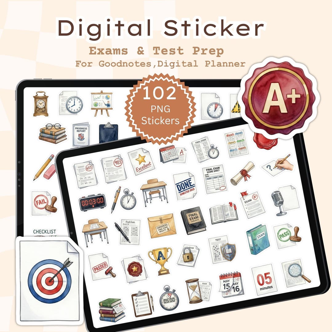 Stickers On R Test Exam Study PNG Digital Stickers , 102 Test Prep Planner Icons, A4 ...