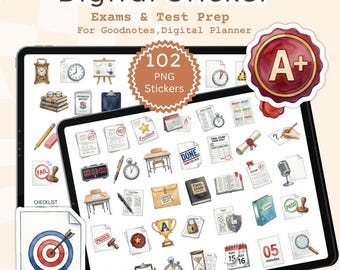 Adesivi digitali PNG per lo studio degli esami, 102 icone per la pianificazione della preparazione ai test, fogli stampabili A4, adesivi GoodNotes