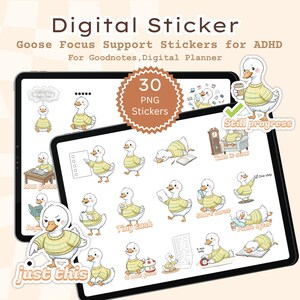 Goose Focus-ondersteuning: digitale png-stickers, ADHD-plannerpictogrammen, afdrukbare A4-vellen, GoodNotes-stickers