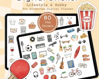 Adesivi digitali PNG per hobby e stile di vita, 80 icone per planner, fogli stampabili A4, adesivi GoodNotes