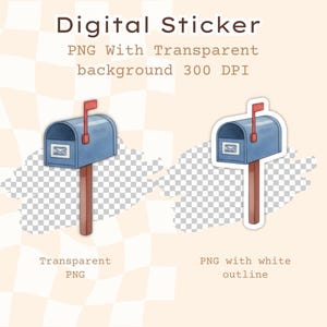 May include: Digital sticker featuring two blue mailboxes with red flags and a white envelope detail. The text "Digital Sticker" and "PNG With Transparent background 300 DPI" is displayed at the top.