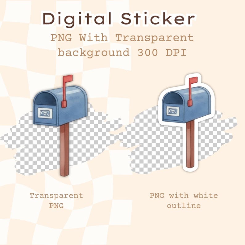 May include: Digital sticker featuring two blue mailboxes with red flags and a white envelope detail. The text "Digital Sticker" and "PNG With Transparent background 300 DPI" is displayed at the top.