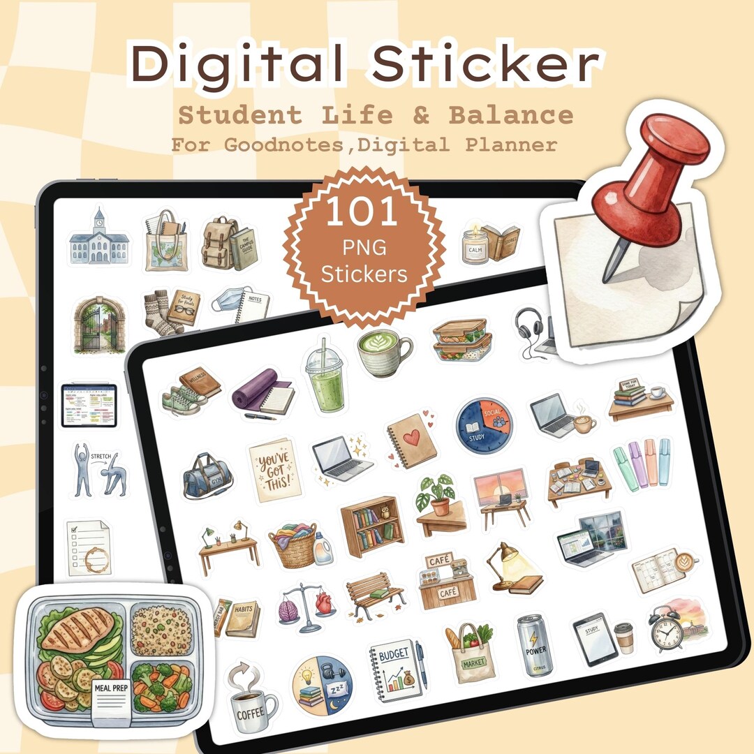 Student Life Balance PNG Digital Stickers , Study Planner Icons, A4 ...