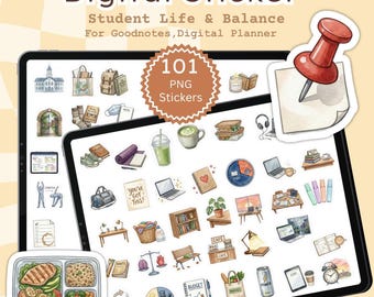 Adesivi digitali PNG per l'equilibrio della vita studentesca, icone per il pianificatore di studio, fogli stampabili A4, adesivi GoodNotes