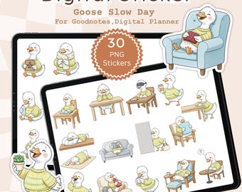 Adesivi digitali PNG Goose Slow Day, icone Cozy Planner, fogli stampabili A4, adesivi GoodNotes
