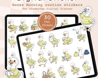 Adesivi digitali PNG Goose Morning Routine, icone per l'agenda giornaliera, fogli stampabili A4 per GoodNotes