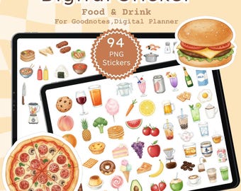 Adesivi digitali PNG per cibo e bevande, icone per planner, fogli stampabili A4, adesivi GoodNotes