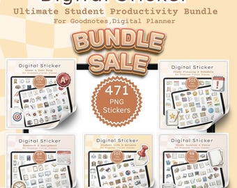 Pacchetto di adesivi digitali PNG per la massima produttività degli studenti, 471 icone per planner, fogli stampabili A4, adesivi GoodNotes