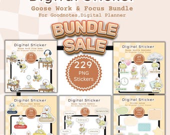 Pacchetto Goose Work Focus PNG Adesivi digitali, icone per planner funzionali, fogli stampabili A4, adesivi GoodNotes