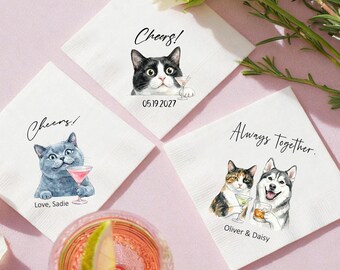 Gepersonaliseerde pet Cheers-servetten, aangepaste aquarel kat- en hondportret feestdecoratie