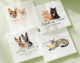 Aangepaste huisdier portret bruiloft servetten, gepersonaliseerde hond en kat cocktaildecor