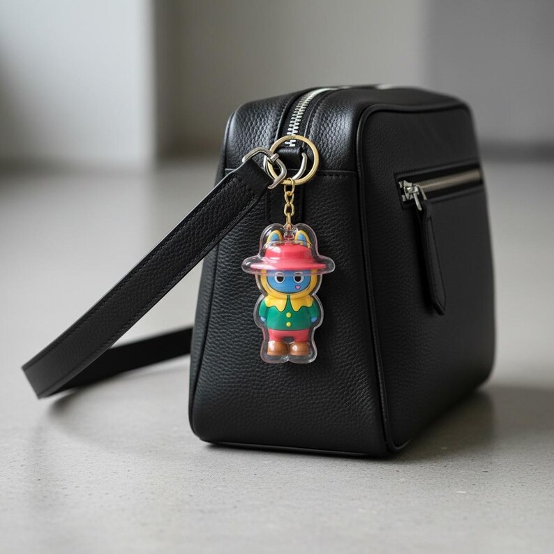 May include: A black leather handbag with a gold zipper and a small, colorful keychain. The keychain features a cartoon character in a red hat, green jacket, and blue face. The bag has a shoulder strap.