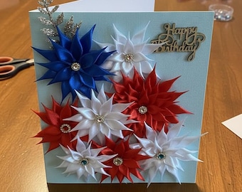 3D Ribbon Card: Red, White, Blue Floral Birthday Greeting (Handmade)