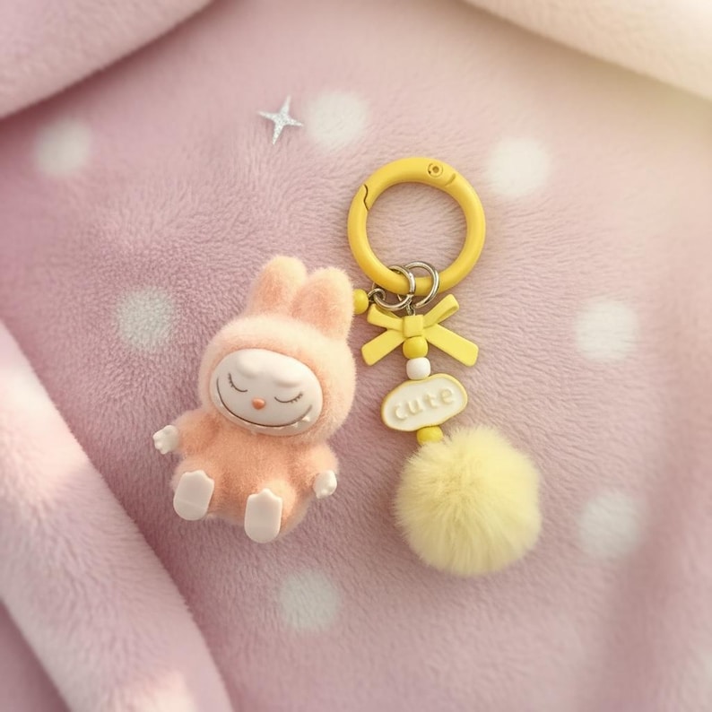 May include: A peach-colored bunny figurine with closed eyes and a matching hooded outfit. A yellow keychain with a bow, the word "cute", and a fluffy pom-pom is next to the bunny. The background is a soft pink.