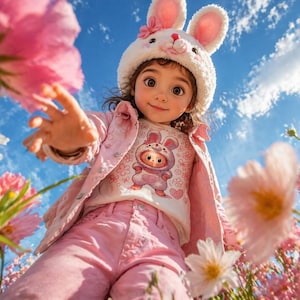 May include: A child wearing a white bunny hat with pink ears, a pink jacket, and pink pants, surrounded by pink flowers and daisies. The child's shirt features a bunny graphic. The background is a blue sky with clouds.