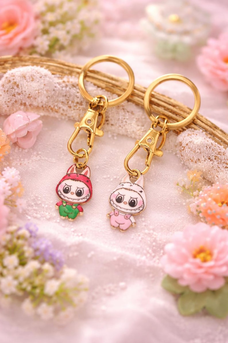 May include: Two keychains with gold-colored hardware and cartoon bunny charms. One bunny wears a red hat and green overalls, the other a pink outfit. The background features flowers and decorative elements.