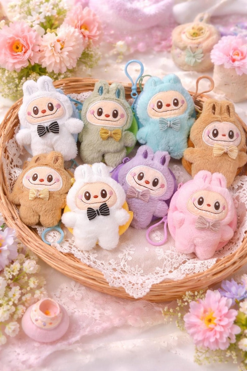 May include: A collection of plush bunny-shaped keychains in a woven basket. The keychains are in various pastel colors, including white, green, blue, brown, purple, and pink. Each keychain features a smiling face, a bow tie, and a small loop for attaching keys.