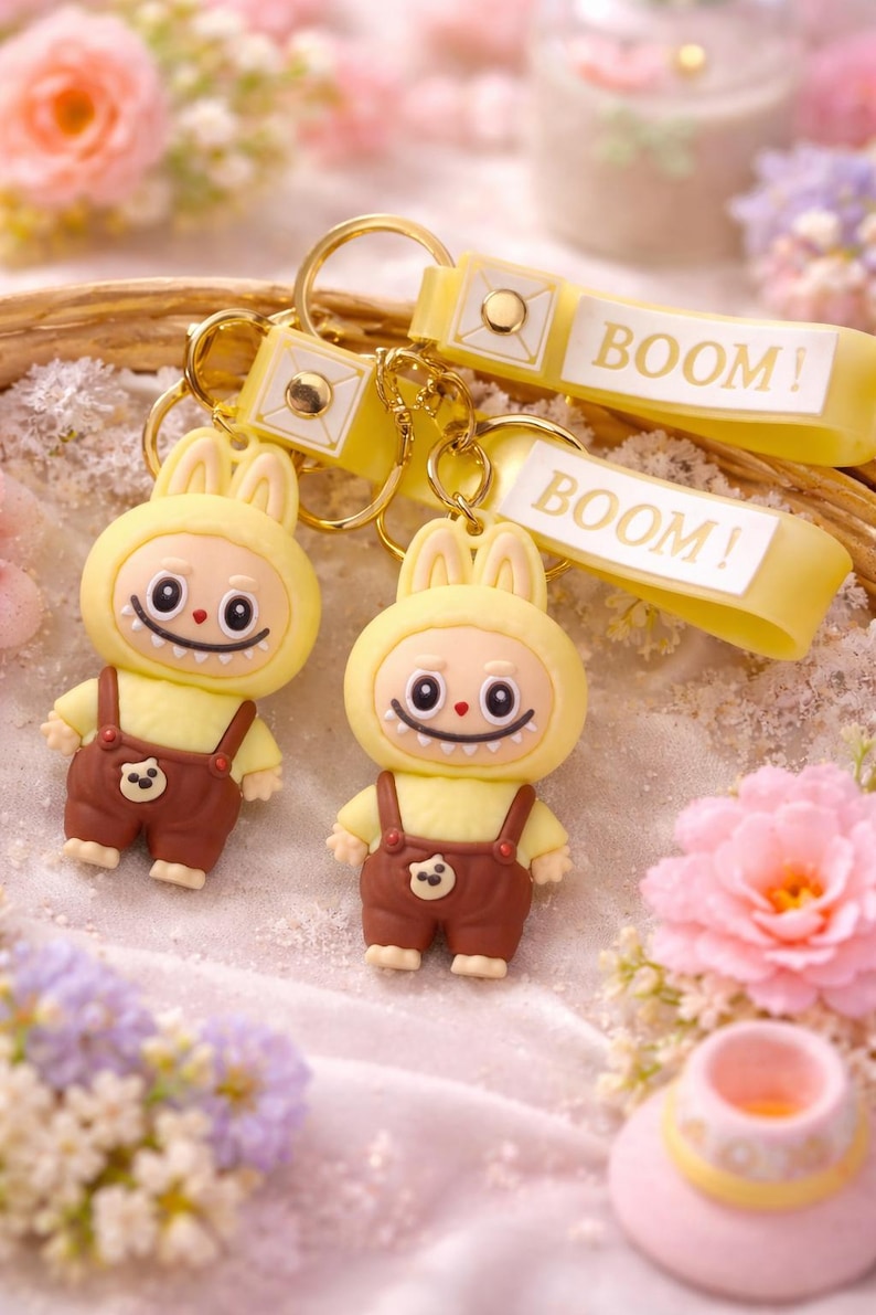 May include: Two yellow and brown bunny keychains with the word "BOOM!" printed on the yellow strap. The keychains feature a cartoon bunny wearing a yellow hoodie and brown overalls. The background includes flowers.