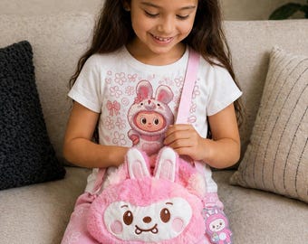 Fluffy Pink Bunny Plush Crossbody Bag, Kawaii Cartoon Shoulder Purse, Labu Charm