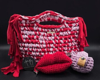 Lilac & Red Crochet Fringe Bag, Handmade Chunky T Shirt Yarn Purse, Western Boho Handbag