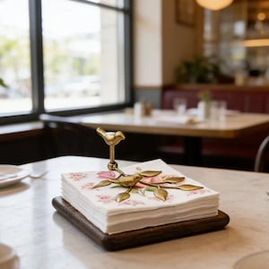Könnte beinhalten: Ein dekorativer Serviettenhalter mit floral bedruckten Servietten. Der Halter hat einen dunklen Holzsockel und ein goldfarbenes Metallvogeldesign. Die Servietten haben ein rosa-grünes Blumenmuster. Der Halter steht auf einem Marmortisch.