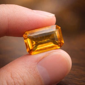Könnte beinhalten: Ein rechteckiger, facettierter Edelstein mit einem warmen, goldgelben Farbton. Der Stein wird zwischen zwei Fingern gehalten, was seine Klarheit und Brillanz zeigt. Der Schliff des Steins hebt seine innere Struktur und Lichtbrechung hervor.