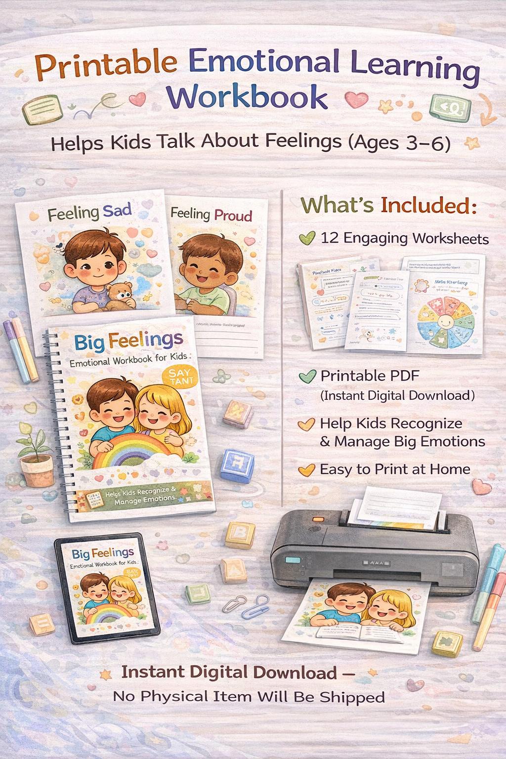Feelings Workbook for Kids | Ages 3-6, Emotional Learning (instant ...