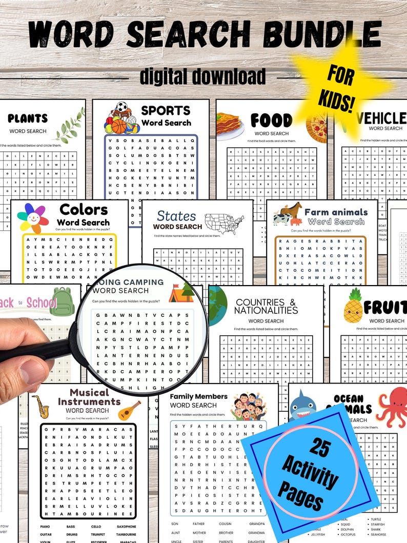 Themed Word Search Puzzles – 25 Printable Kids Activities (PDF Download ...