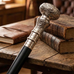 Graverad träkäpp med silverfärgad knopphandtag | Vintage gentlemankäpp, present till män