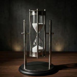 Puede incluir: Un reloj de arena de metal plateado con un marco giratorio sostenido por dos pilares verticales sobre una base circular. El recipiente de vidrio contiene arena blanca, parte de la cual fluye del bulbo superior al bulbo inferior.