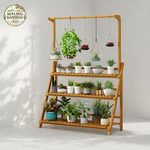 May include: A three-tiered bamboo plant stand with a top hanging bar. The stand holds various potted plants, including succulents, ferns, and leafy greens, along with four glass terrariums suspended from the top bar by thin black metal hooks.