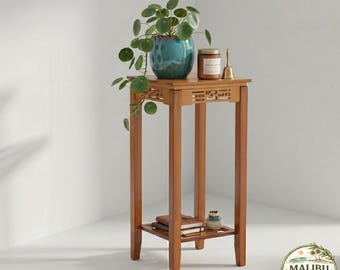 Bamboo plant stand, 2 tier tall indoor flower pot holder, chinese style wood carved corner shelf, zen home office decor, succulent display